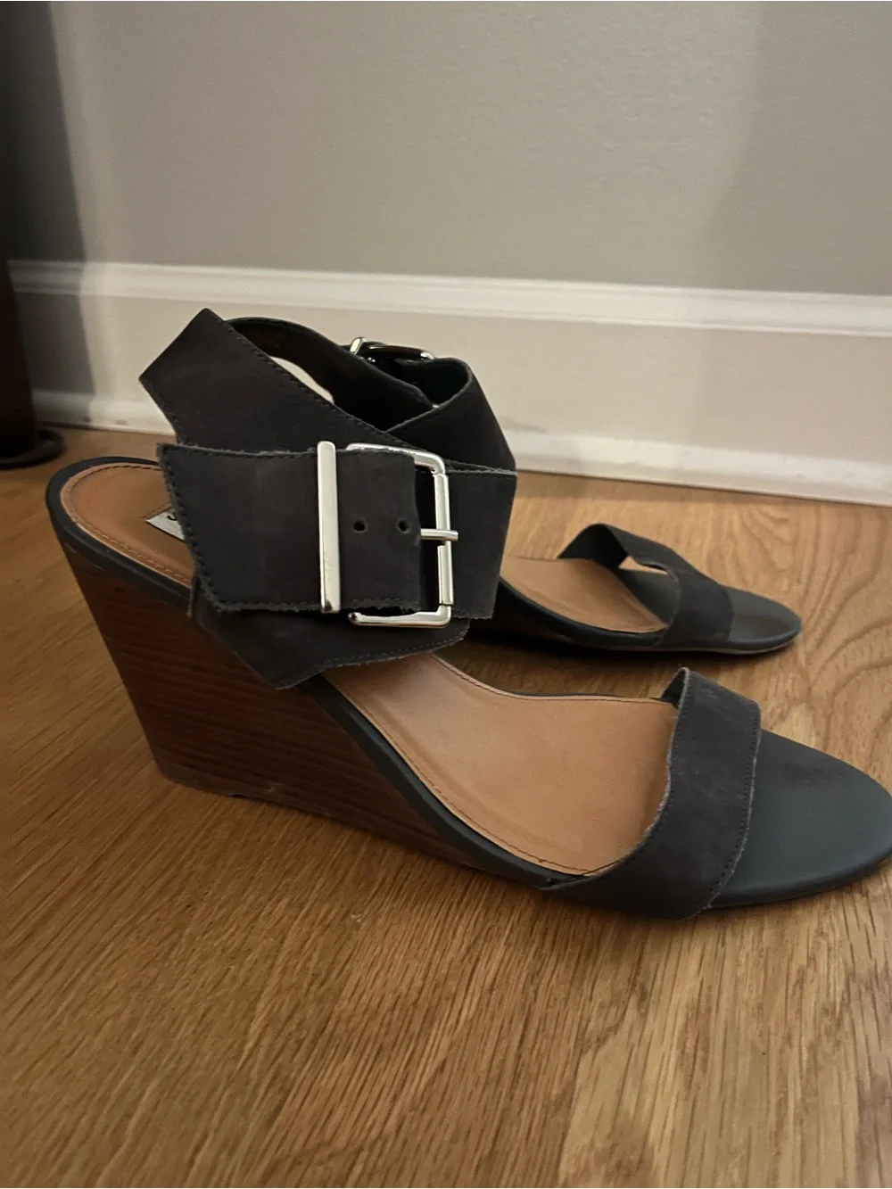Steven By Steve Madden Grey Suede Buckle Ankle Strap Wedges